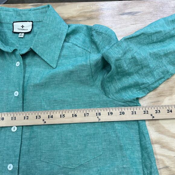 Tuckernuck Sea Green Callahan Mini Shirt Dress Linen Blend Medium Ruffle Preppy - Picture 11 of 13